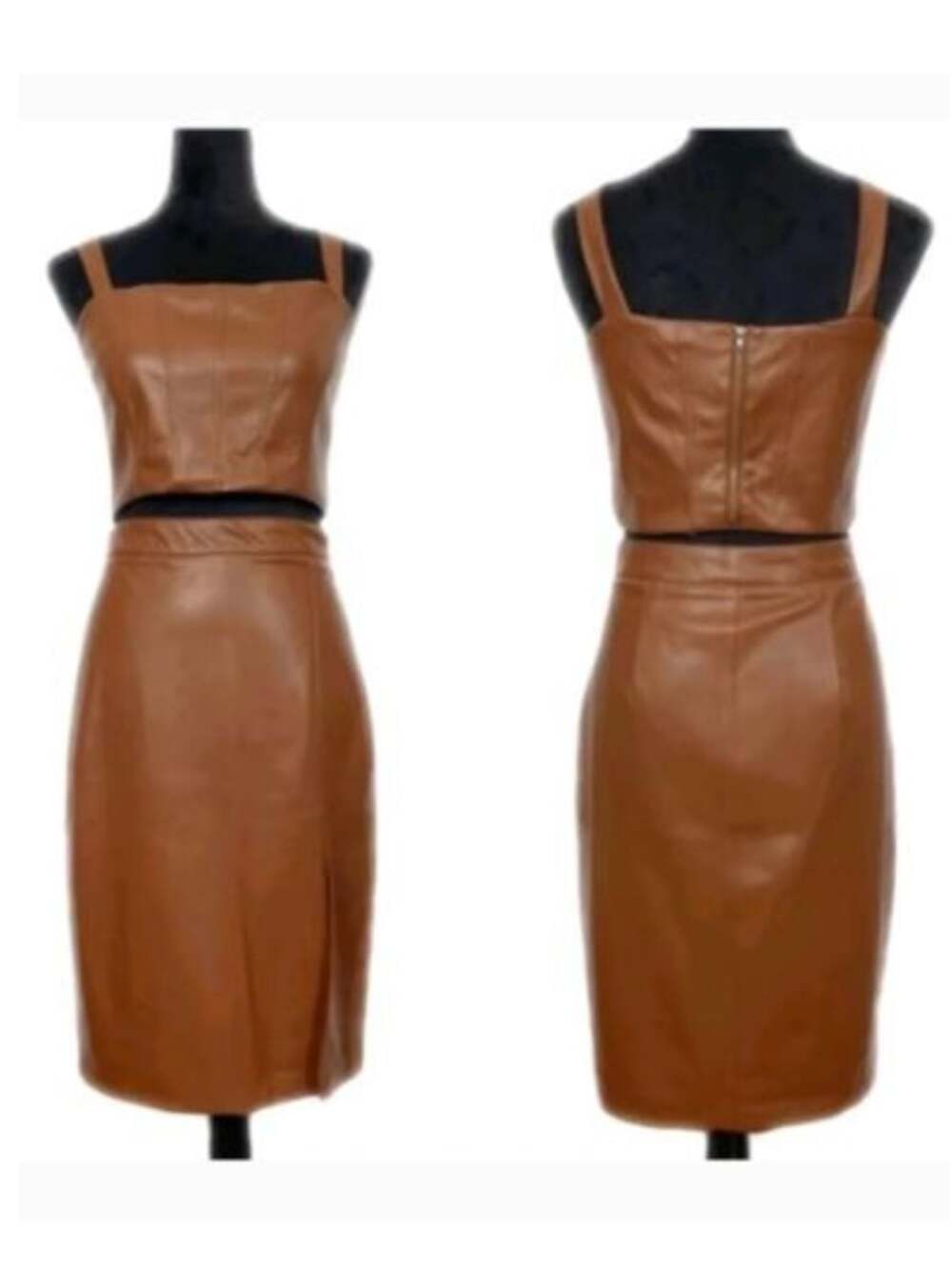 Jason Wu Faux Leather 2 Piece Set Brown Crop Midi Pencil Skirt Set Vegan Large